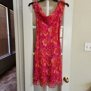 CDC Petites Floral Midi Dress Pink Orange Cowl Neck Tie Shoulder Size 10P Y2K